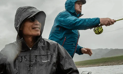 Two people on a fishing boat wearing Patagonia gear