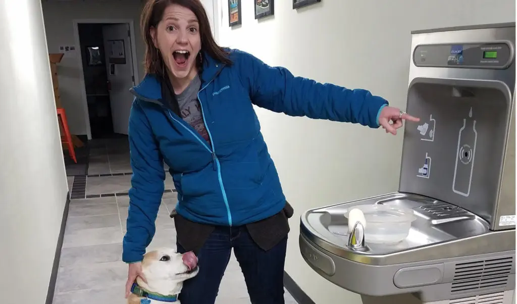 Kelley and Bonnie excited about the new water bottle filling station