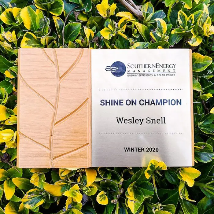 Plaque awarded to Winter 2020 Shine On Champion, Wesley Snell