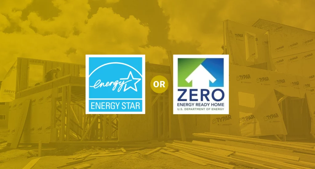 Energy Star and DOE Zero Energy Ready Home logo imposed over new construction home