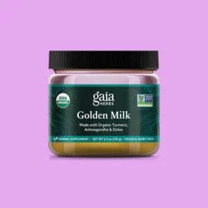 Bottle of Golden Milk powder from Gaia Herbs